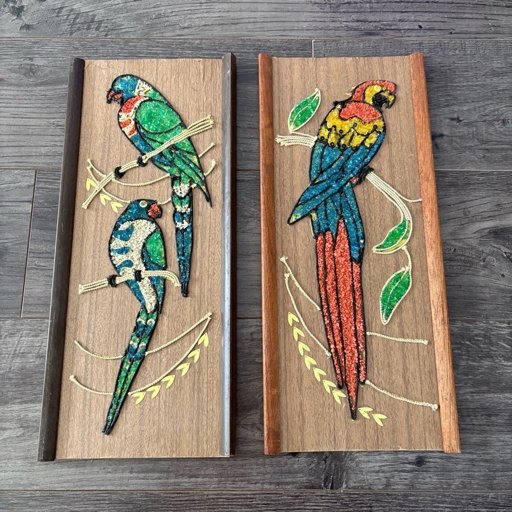Vintage Gravel Art Parrots Mid Century Modern